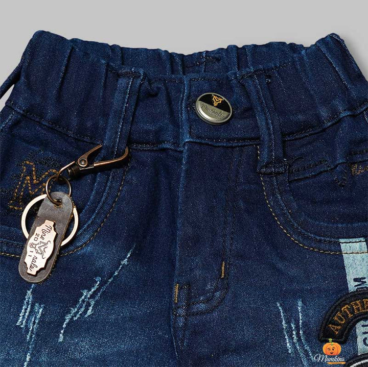 Blue Shaded Jeans for Boys with Stylish Buttons Close Up View