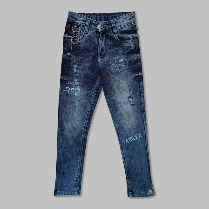 Blue Denim Jeans for Boys with Calligraphic Print