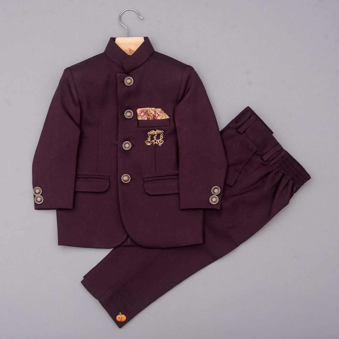 Boys Jodhpuri Bandhgala Suit in Black & Wine Colors Front View