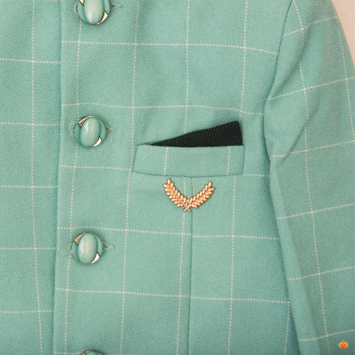 Sea Green Checks Jodhpuri Suit for Boys Close Up View