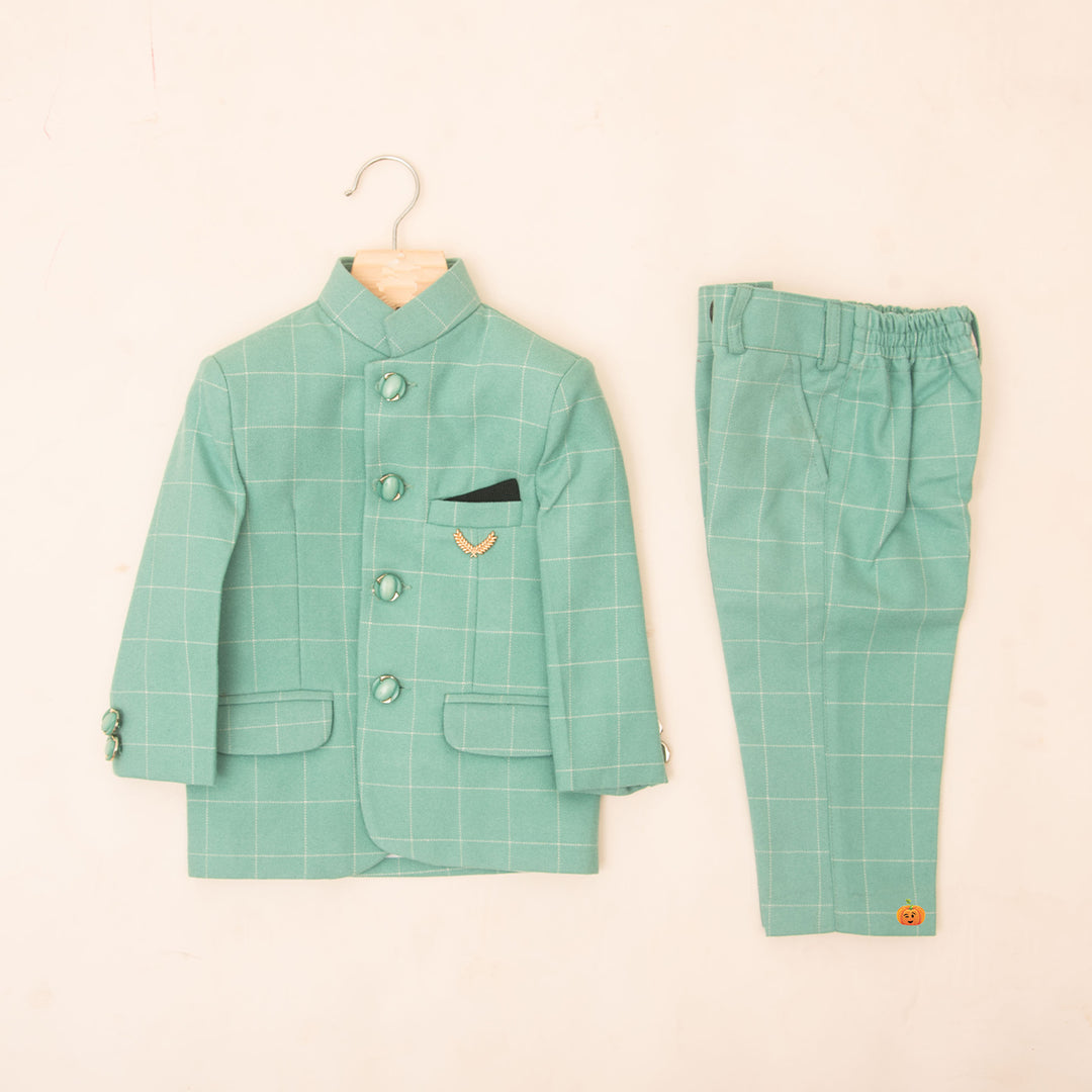 Sea Green Checks Jodhpuri Suit for Boys Front View