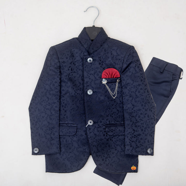 Embroidered Navy Blue Jodhpuri Suit for Boys Front View