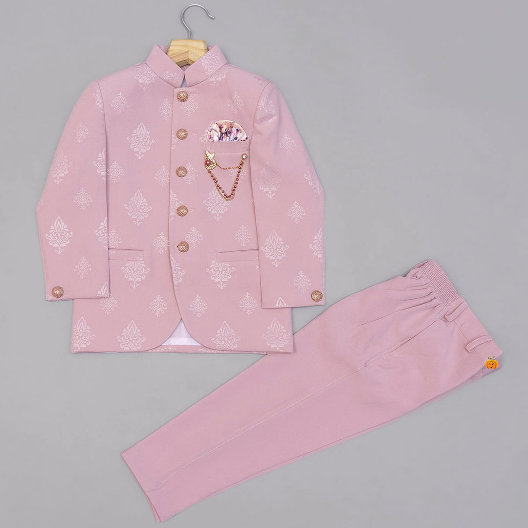 Peach Damask Printed jodhpuri Suit for Boys Front View
