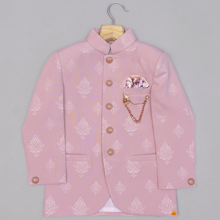 Peach Damask Printed jodhpuri Suit for Boys Top View