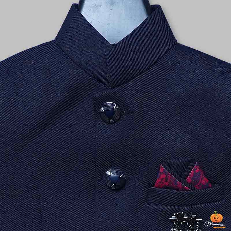 Blue & Wine Jodhpuri Suits For Boys Close Up View