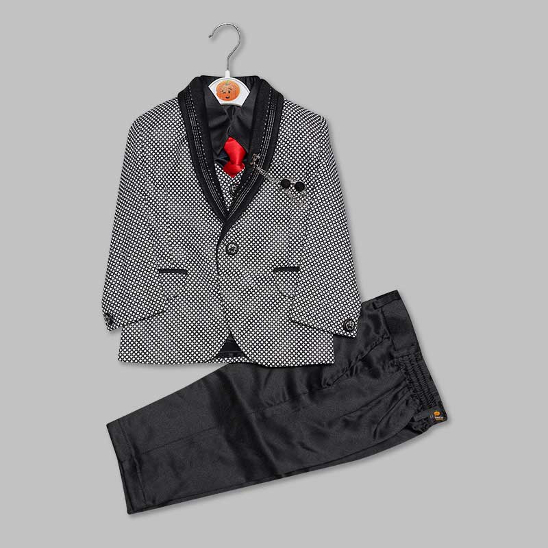 Black Party Wear Boys Suit with Waistcoat & Tie Front View