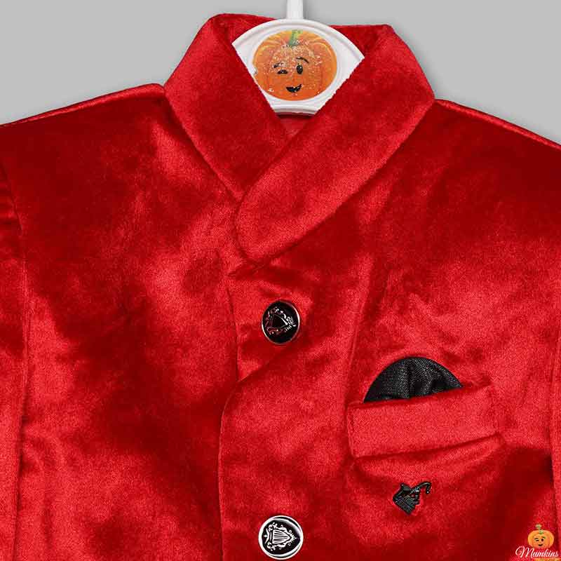 Red Jodhpuri Suit For Boys Close Up View