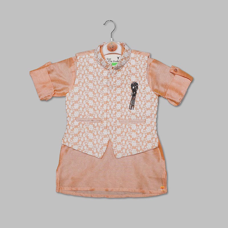 Peach & Pista Boys Kurta Pajama with Jacket Top VIew