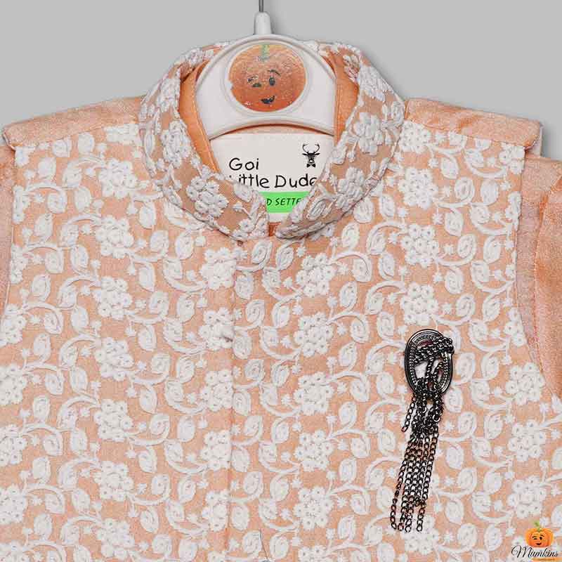 Peach & Pista Boys Kurta Pajama with Jacket Close Up View