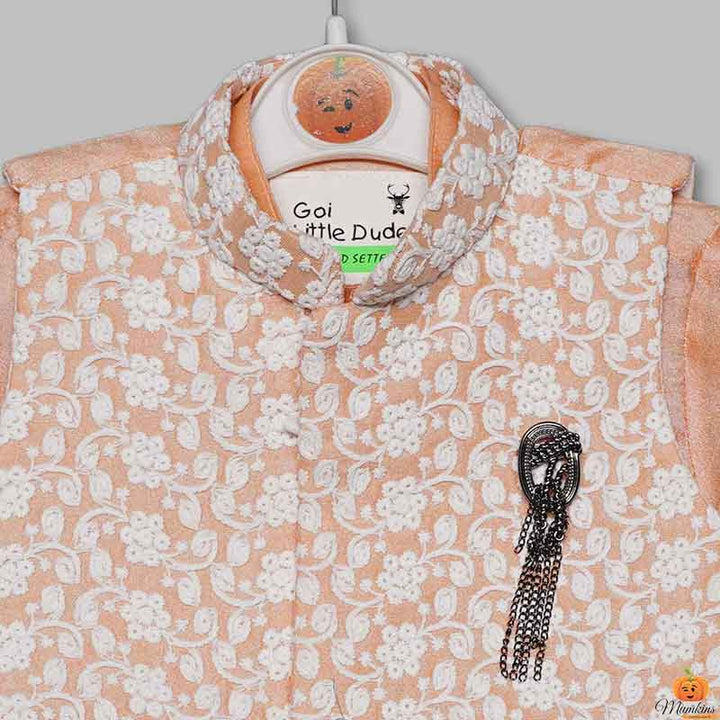 Peach & Pista Boys Kurta Pajama with Jacket Close Up View