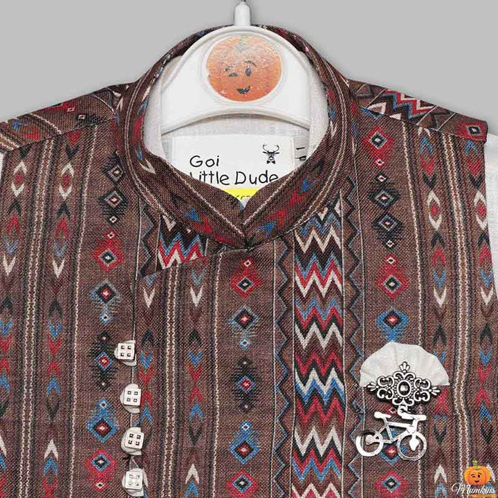 Brown Color Boys Kurta Pajama with Jacket Close Up View