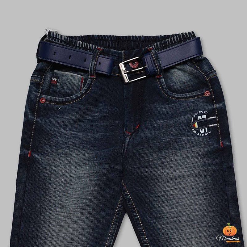 Dark Blue Slim Fit Denim Jeans for Boys Close Up 