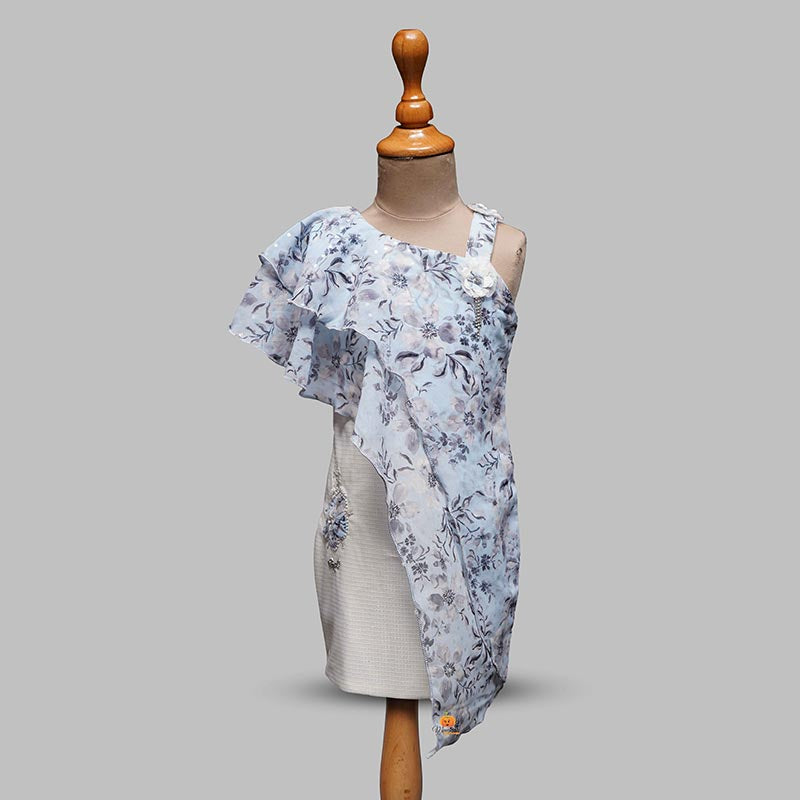 Light Blue Off Shoulder Girls Midi Front View