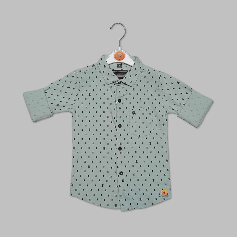 Solid Green Full Sleeves Printed Shirt for Boys Variant Front View
