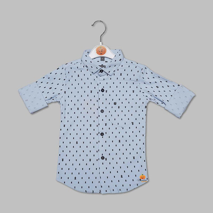 Solid Blue Full Sleeves Printed Shirt for Boys Variant Front View