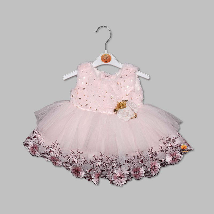 Pink Fur Baby Frock with Floral Hem Front View