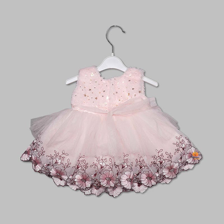 Pink Fur Baby Frock with Floral Hem Back View