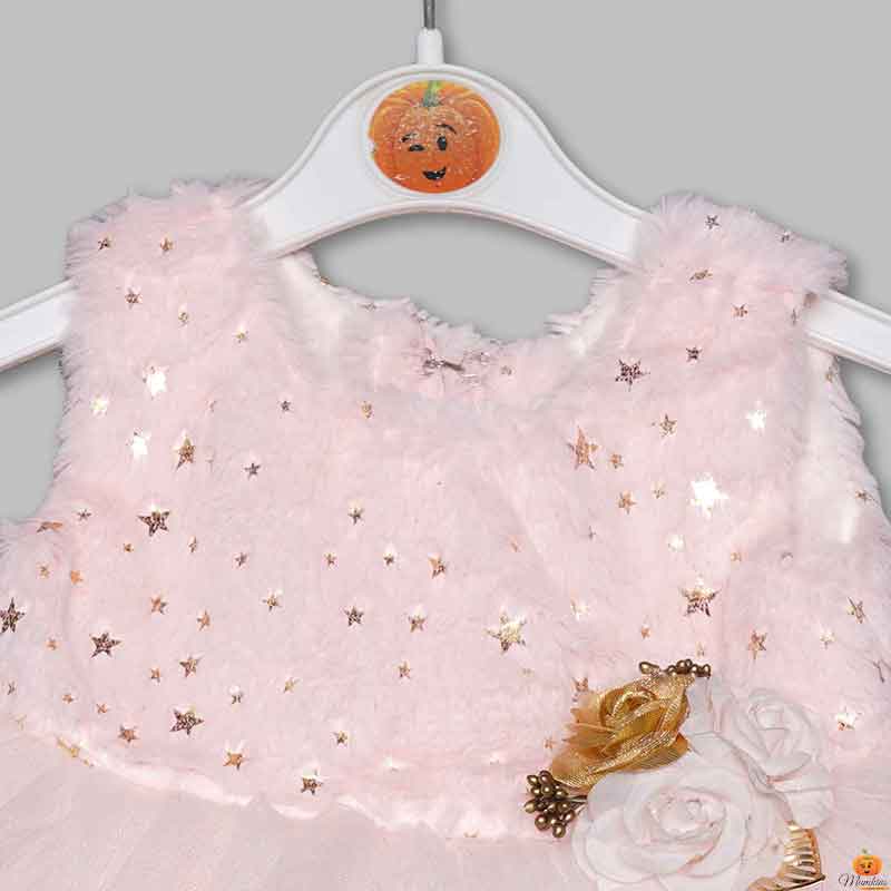 Pink Fur Baby Frock with Floral Hem Close Up View