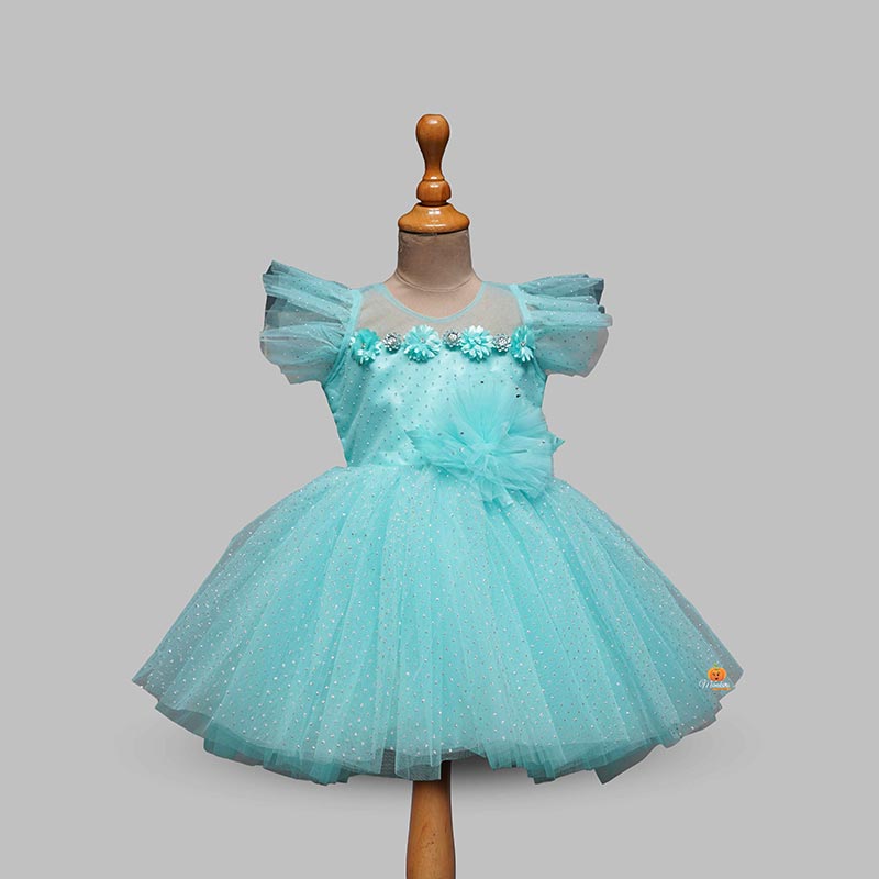Fluffy Net Frock for Kids with Glitter Work Front View