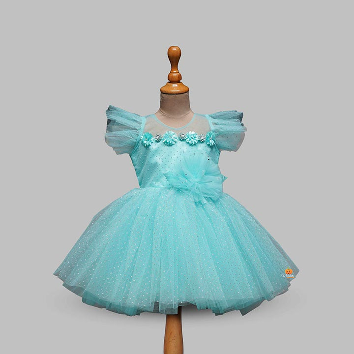 Fluffy Net Frock for Kids with Glitter Work Front View