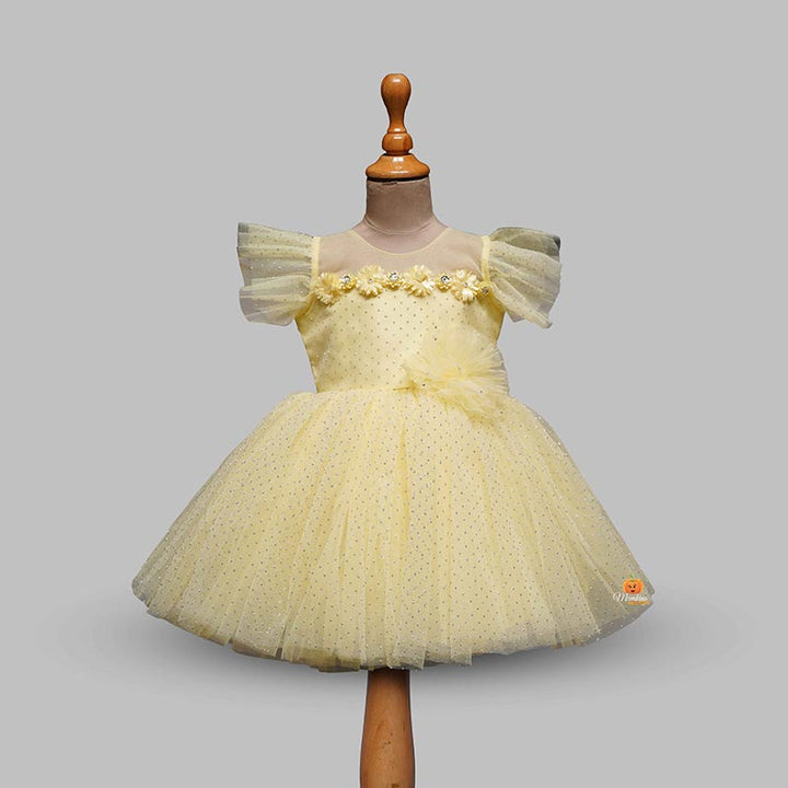 Fluffy Net Frock for Kids with Glitter Work Yellow