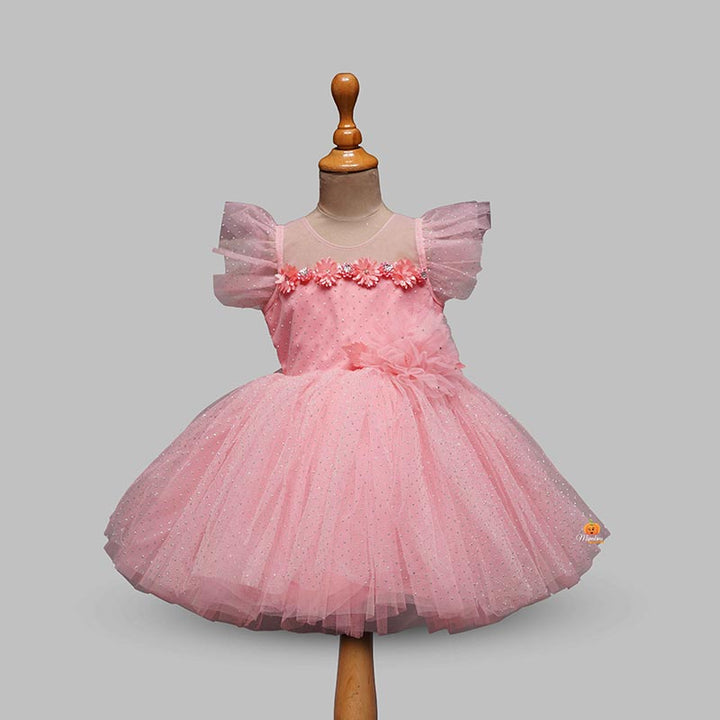 Fluffy Net Frock for Kids with Glitter Work Peach