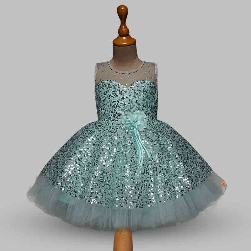 Sequin Green Kids Frock Front View