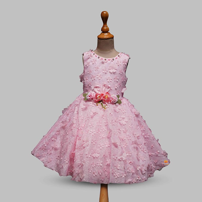 Pink Party Wear Girls Frock in Blooming Flowers Front View