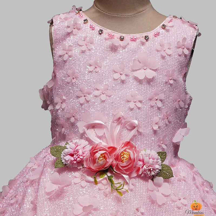 Pink Party Wear Girls Frock in Blooming Flowers Close Up View