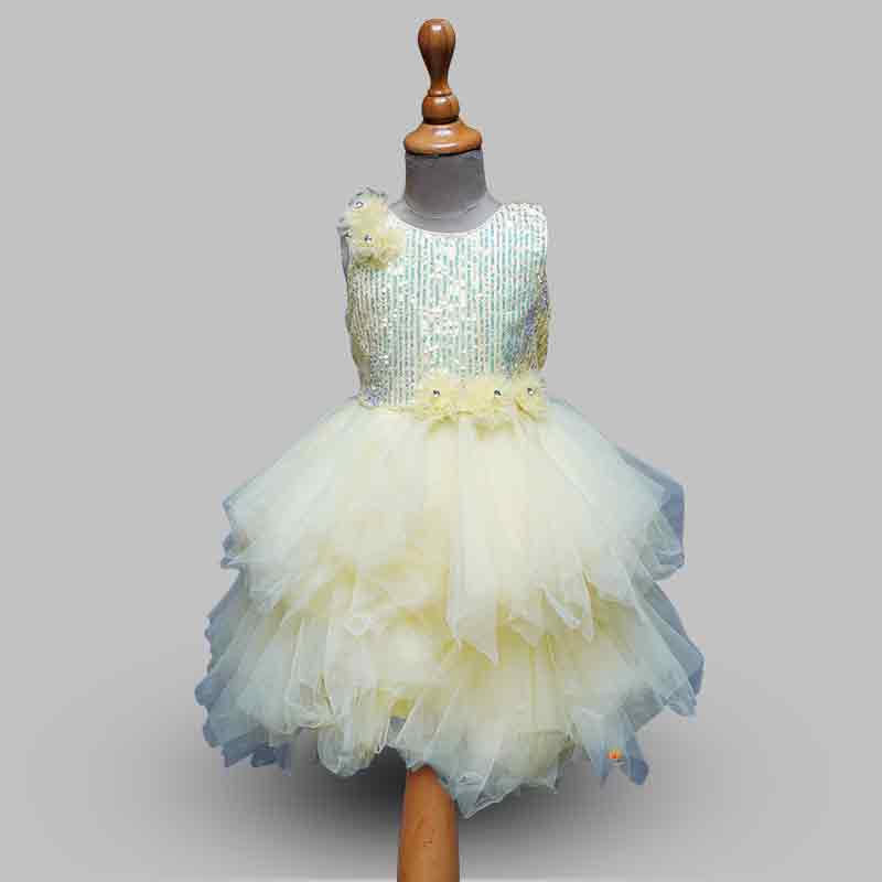 Layered Frock For Girls In Lemon Color Front View