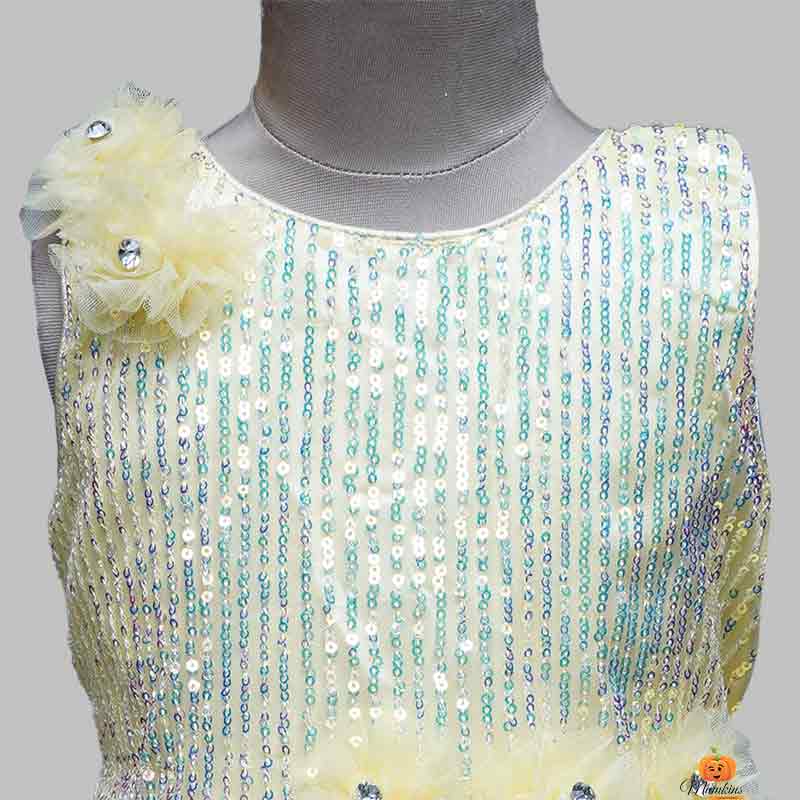 Layered Frock For Girls In Lemon Color Close Up View