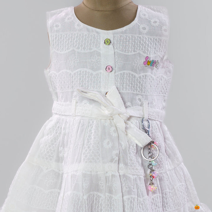 White Embroidered Cotton Girls frock Close Up View