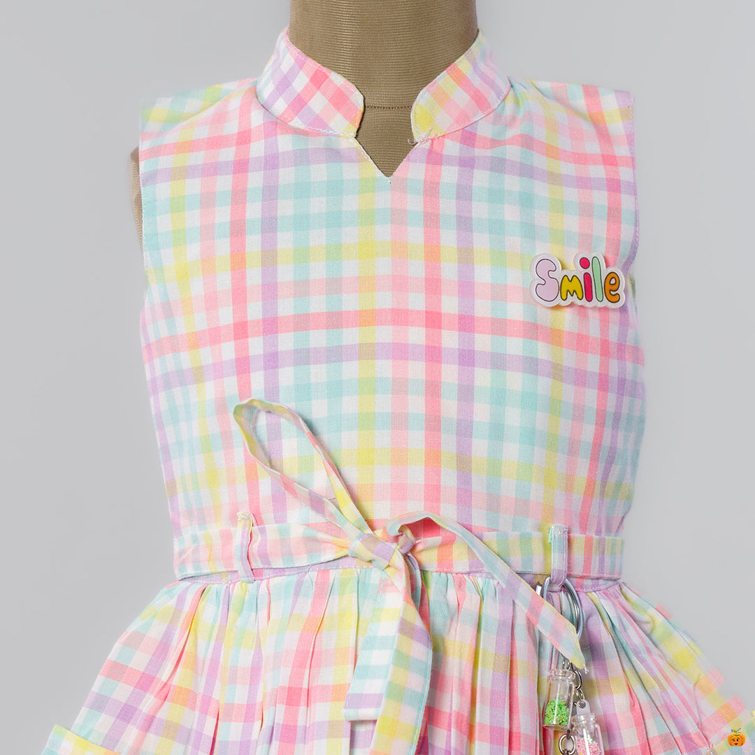 Multi Checkered Girls Frock Close Up View