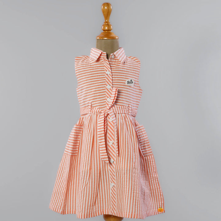 Peach Striped Cotton Frock for Girls Front View
