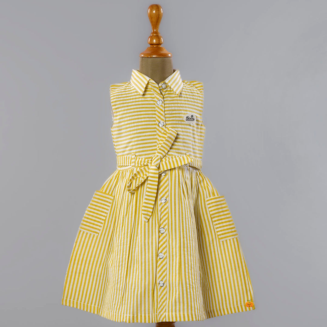 Yellow Striped Cotton Frock for Girls Front View