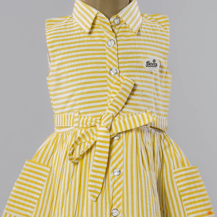 Yellow Striped Cotton Frock for Girls Close Up View