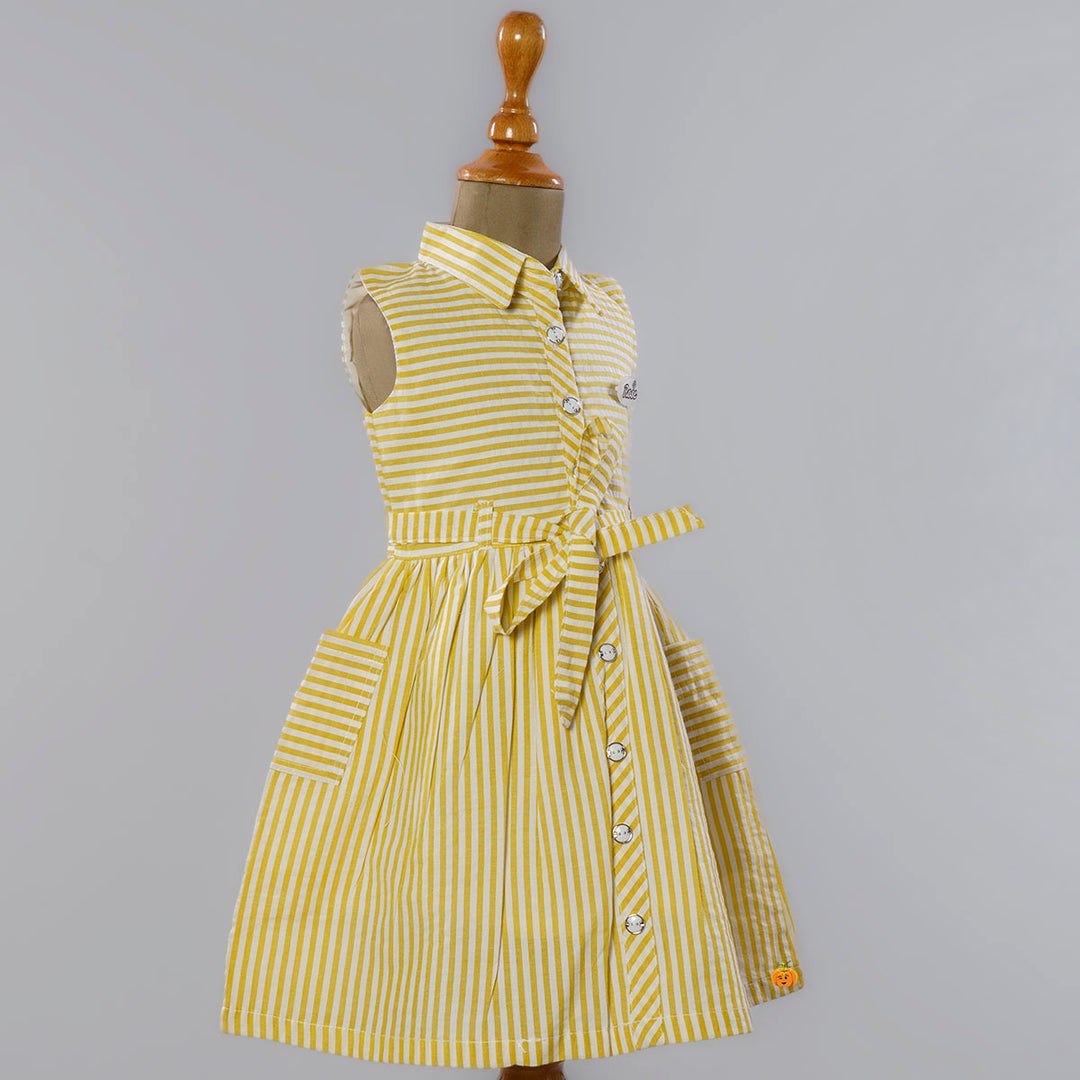 Yellow Striped Cotton Frock for Girls Side View