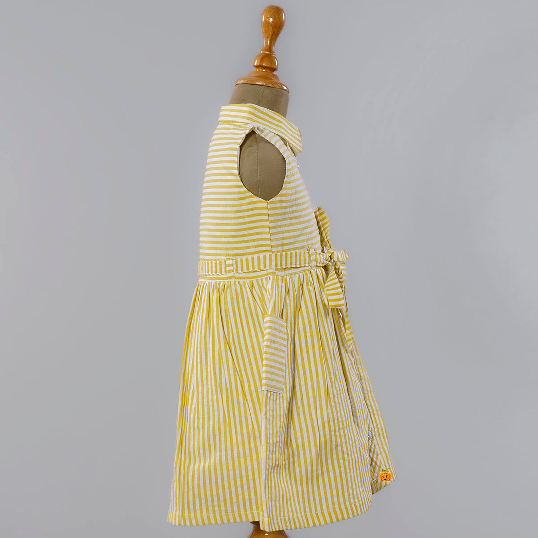 Yellow Striped Cotton Frock for Girls Side View