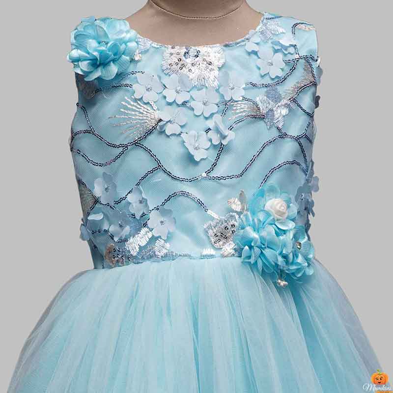 Sky Blue Fluffy Net Gown for Girls Close Up View