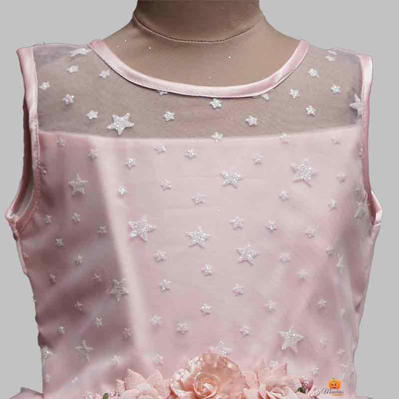 Peach & Sea Green Flare Girls Gown Close Up View