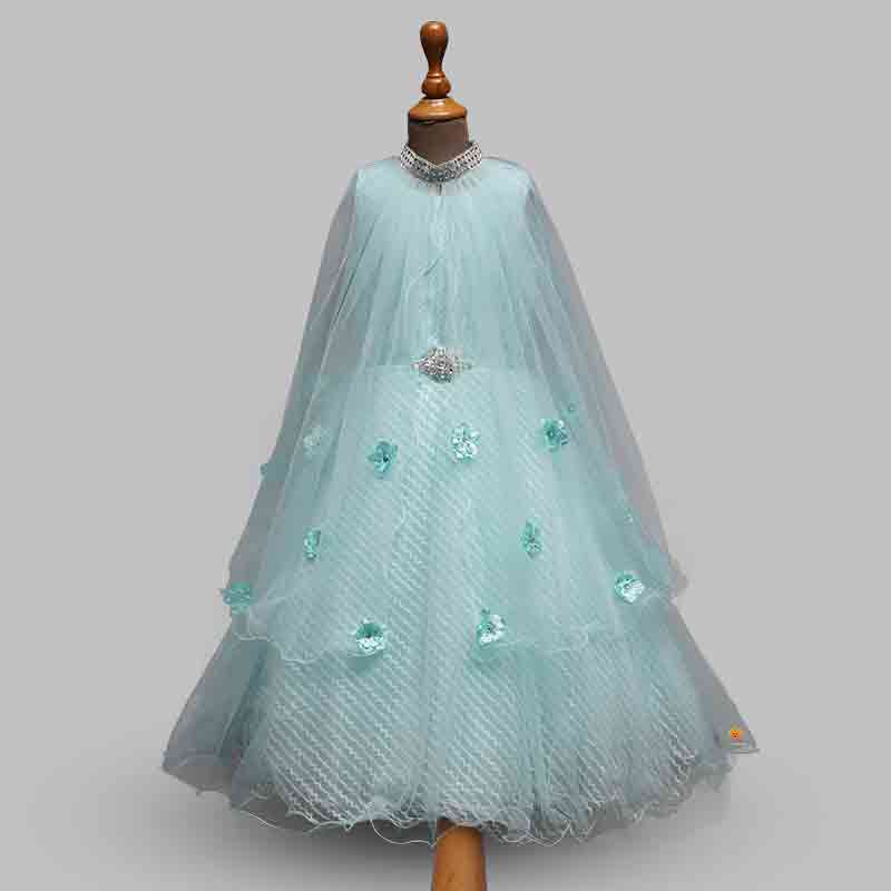 Pink & Sea Green Long Gown for Girls Front View