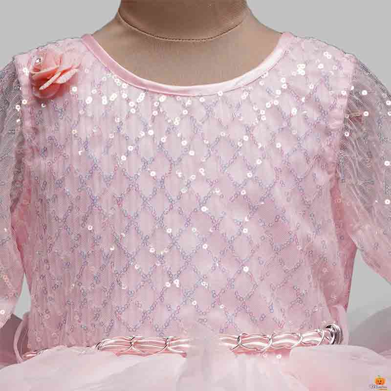 Pink Sequin Frill Gown for Girls Close Up View