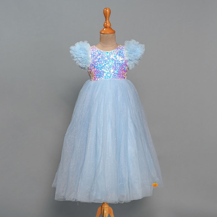 Blue Sequin Party Gown for Girls Front View