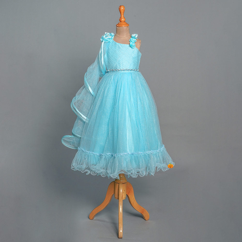 Sky Blue Glittery Long Girls Gown Front View