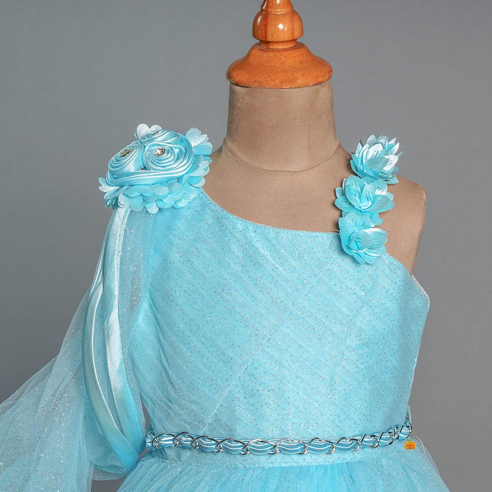 Sky Blue Glittery Long Girls Gown Close Up View
