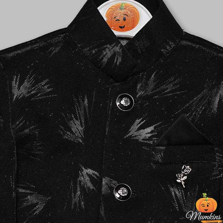 Black Printed Jodhpuri Suit For Boys Close Up View