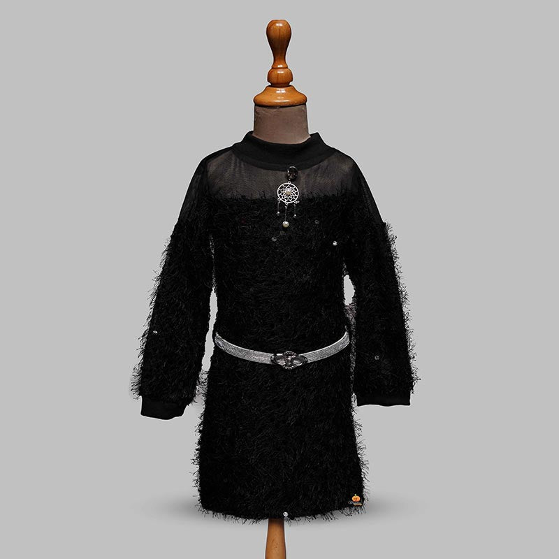 Solid Black Party Wear Girls Midi For Winter Front View