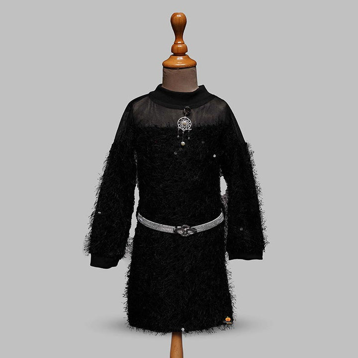 Solid Black Party Wear Girls Midi For Winter Front View