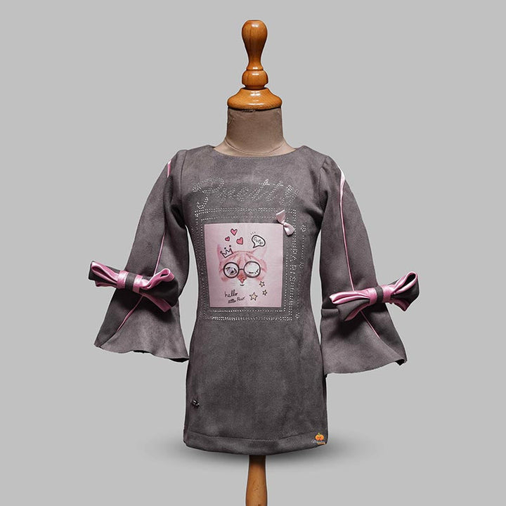 Grey Girls Midi with Bell Sleeves Front View