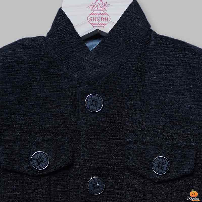 Black Jodhpuri Suit For Boys Close Up View